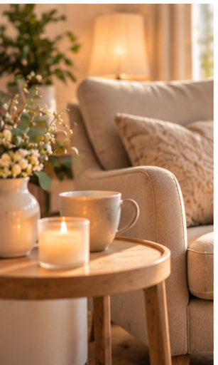Couch mit Kissen, davor ein Tisch mit Kerze, Tasse und Blumen