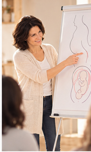Heidi Kaiser erklärt am Flipchart, wie das Kind im Becken liegt
